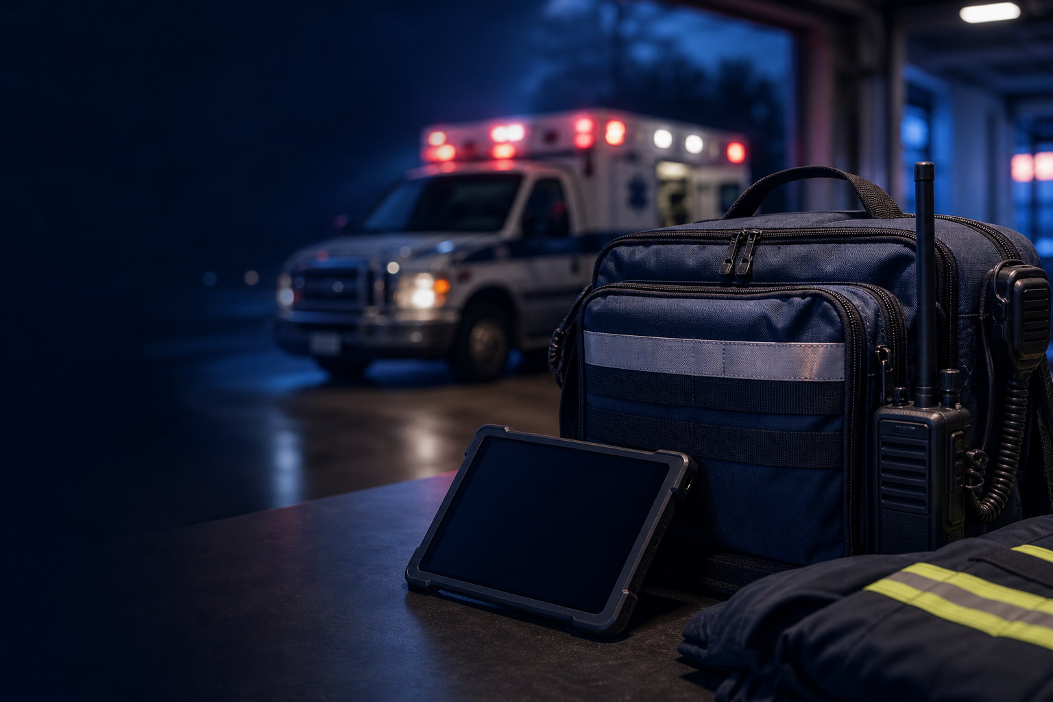 Unbranded EMS operations gear staged near an ambulance